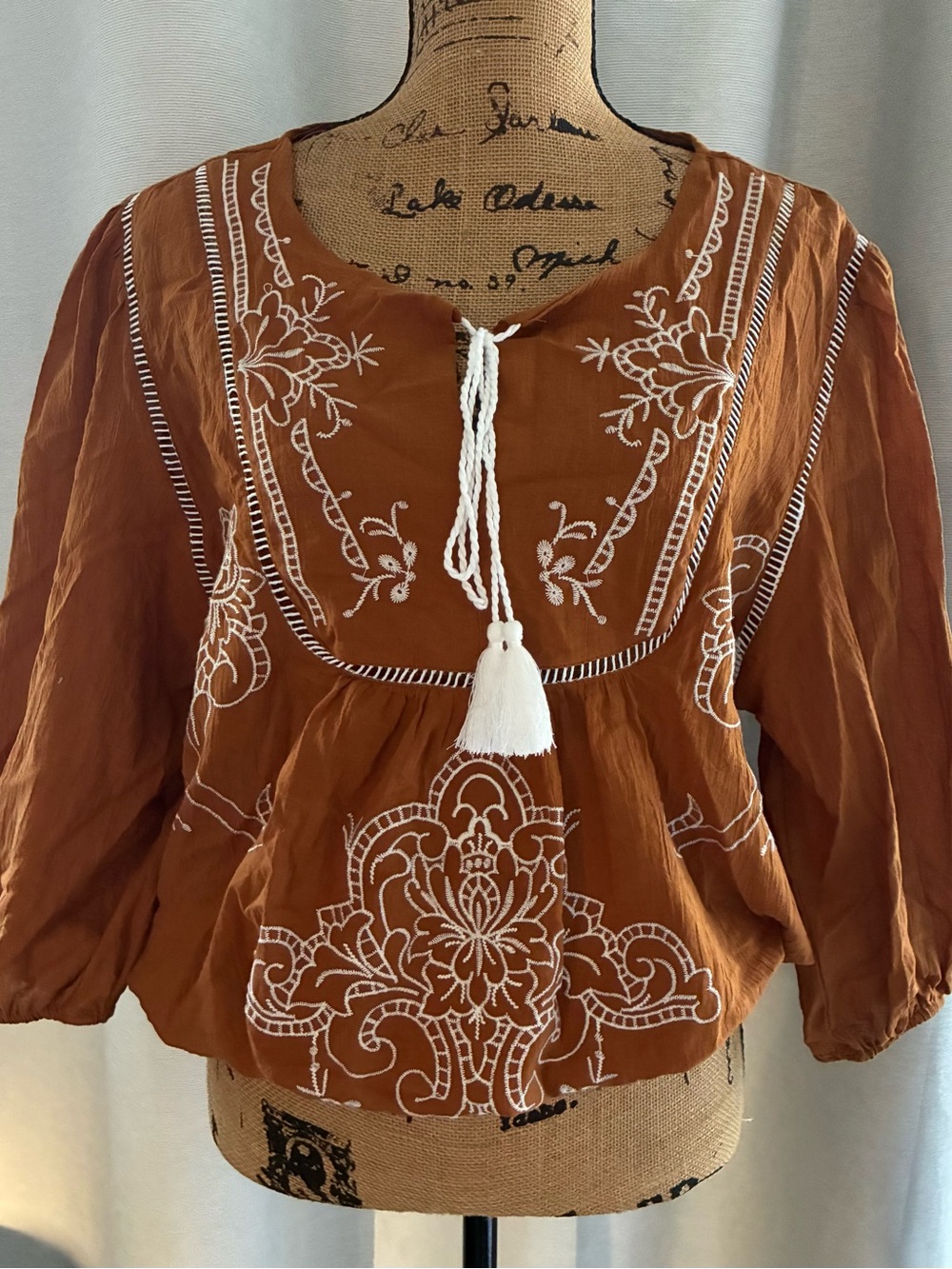 Rust Embroidered Peasant Blouse with Tassel Tie - Women's